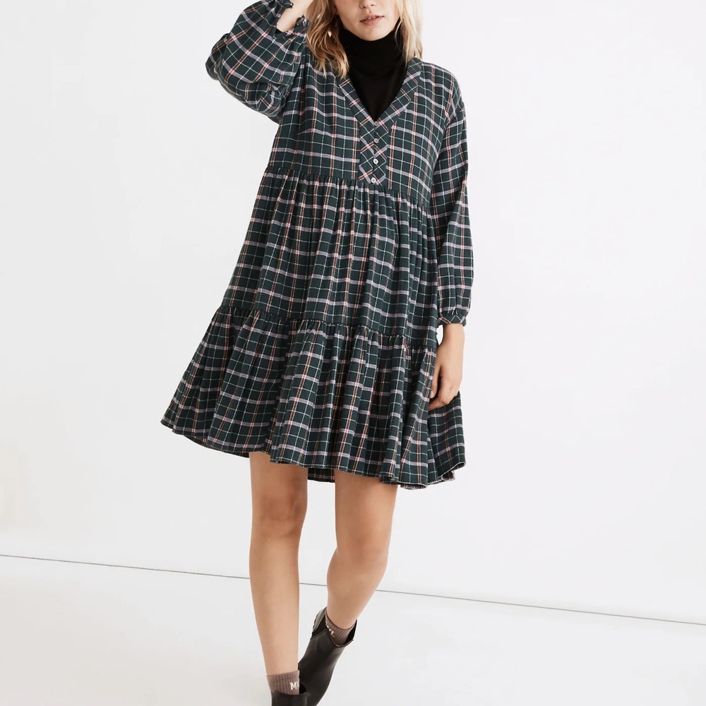 Madewell Green Plaid Long Sleeve Tiered Dress